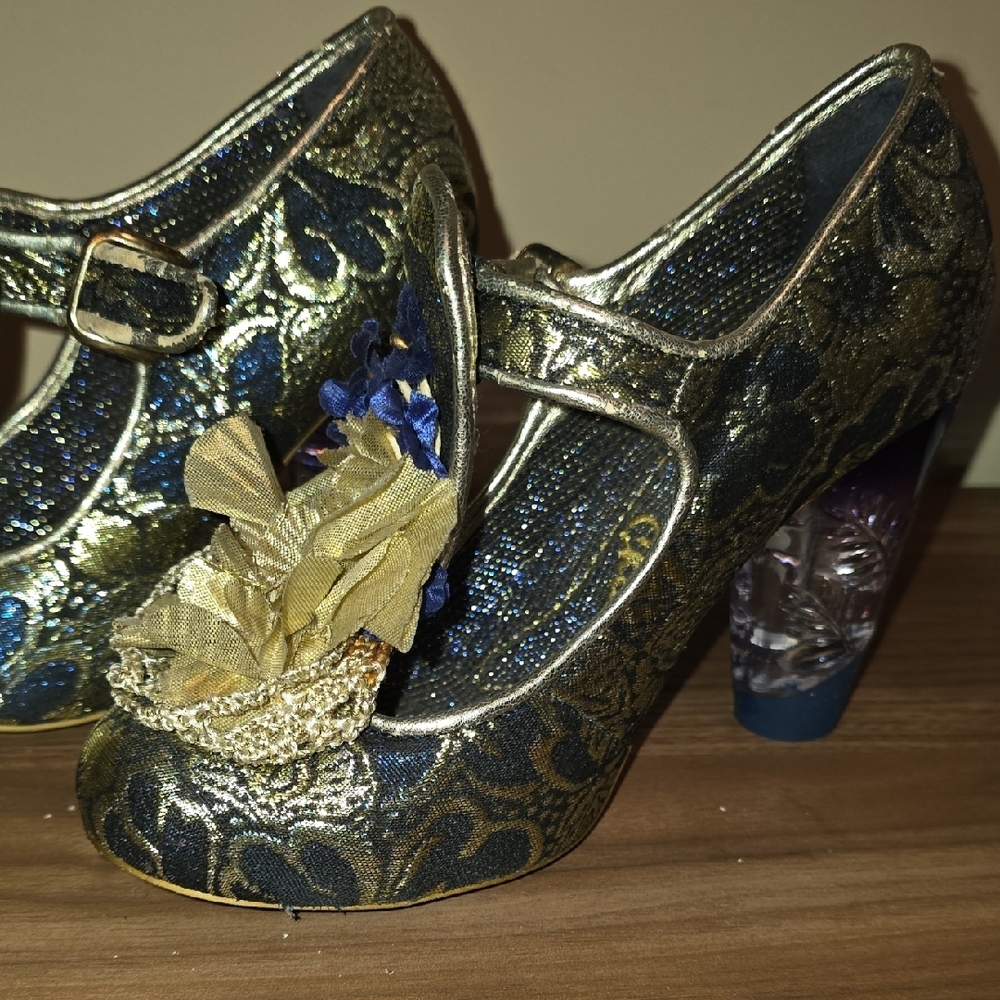 Irregular Choice Gold And Blue Floral Heels View 6